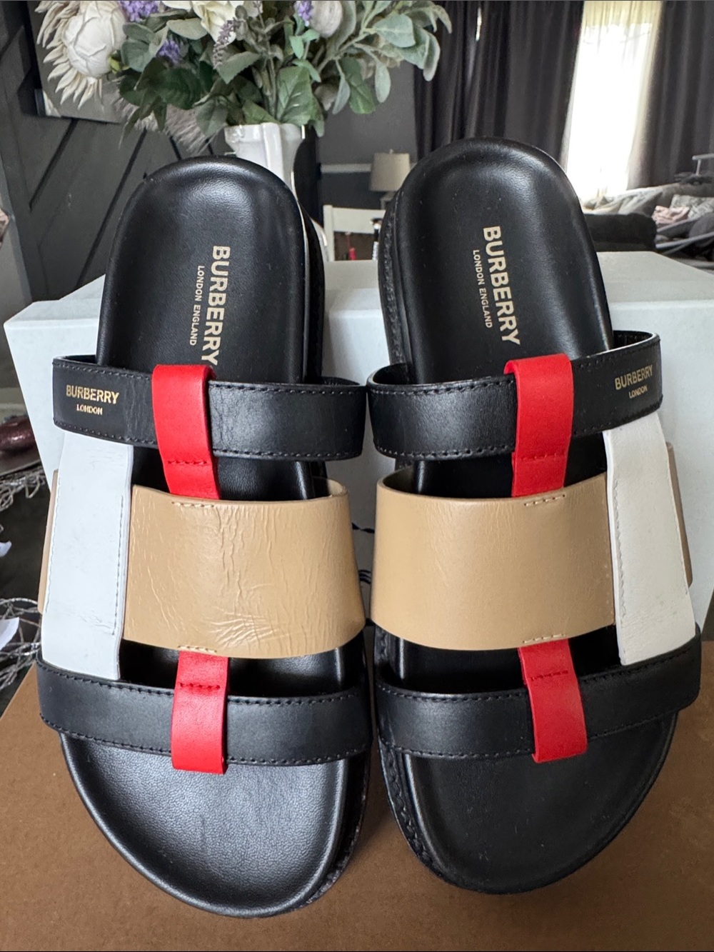 Burberry Black Tan White Red Leather Slide Sandals
